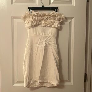 Off-Shoulder Cream Floral Appliqué Mini Dress